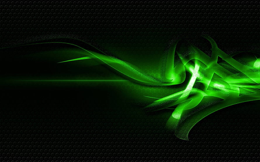 Dark Green Abstract Flowing Light Waves on Black Hexagonal Grid Background HD wallpaper