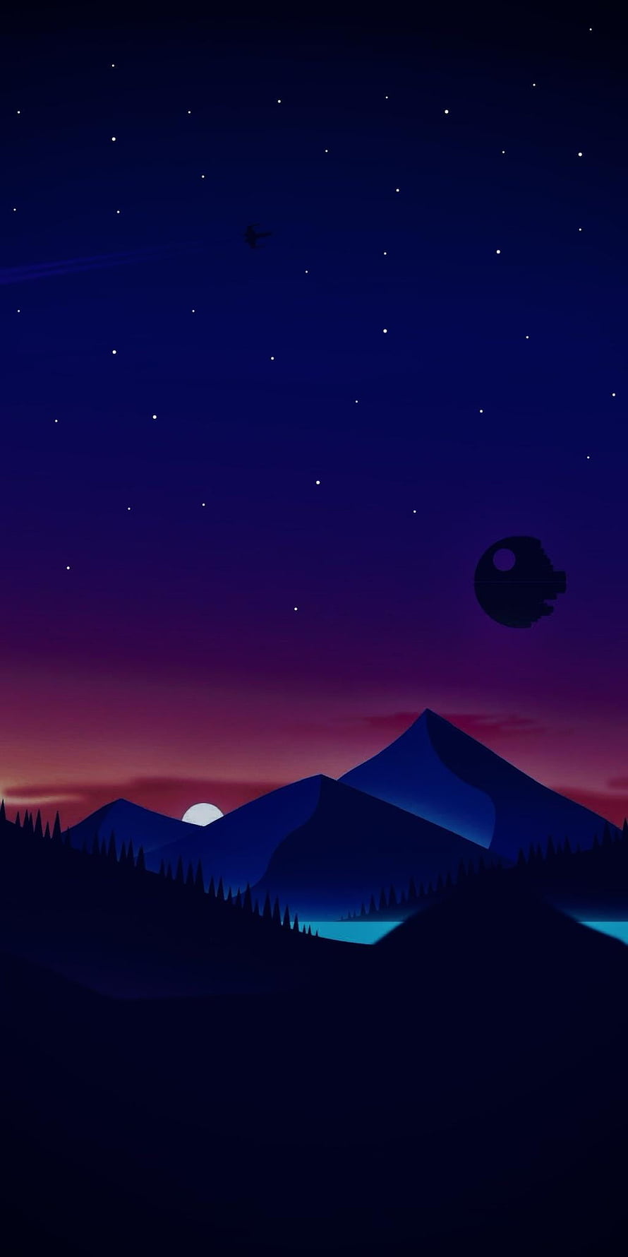 Star Wars Death Star Silhouette Over Mountain Landscape Night Sky Wallpaper HD phone wallpaper