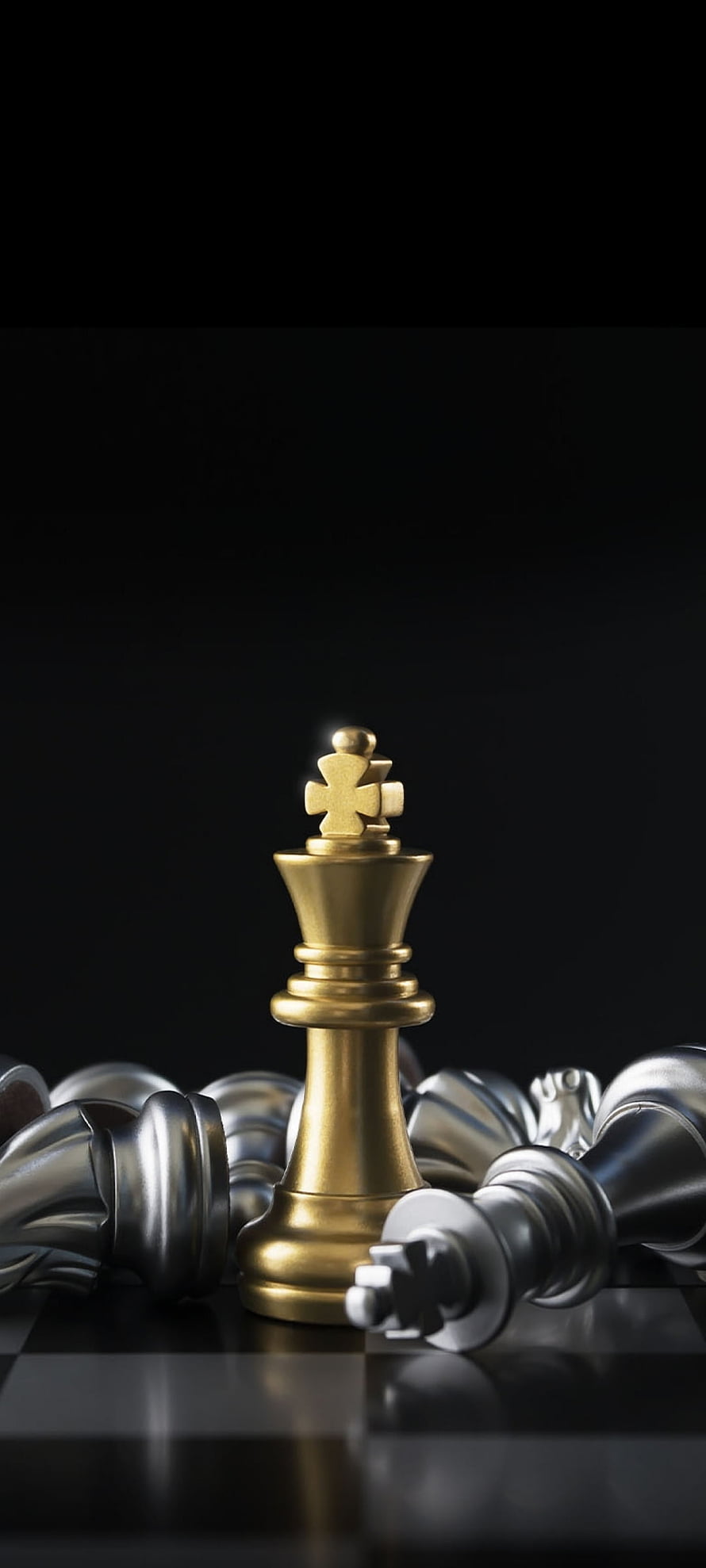 Golden Chess King Standing Victorious Amidst Fallen Silver Pieces on Dark Board HD phone wallpaper