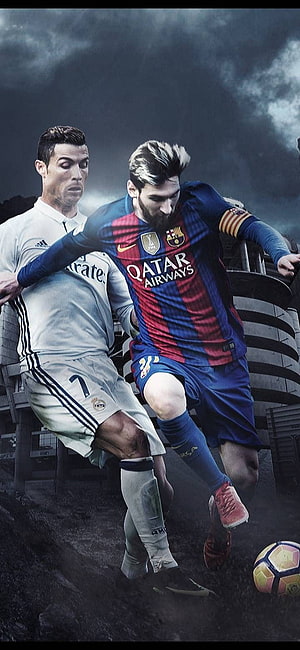 Lionel Messi and Cristiano Ronaldo Epic Football Rivalry Action Wallpaper HD phone wallpaper