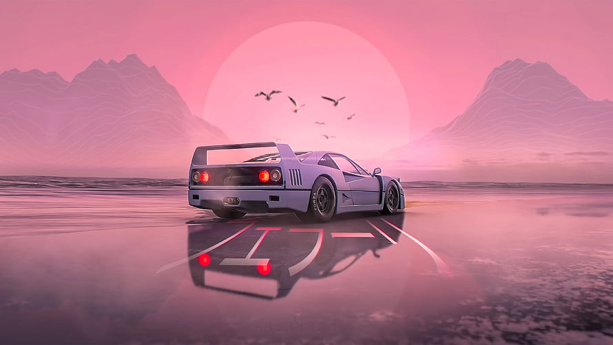 Retro Futuristic Purple Supercar on Wet Road with Pink Sunset and Mountains HD wallpaper