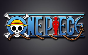 One Piece Jolly Roger Logo with Straw Hat Skull and Red Figure on Dark Background HD wallpaper