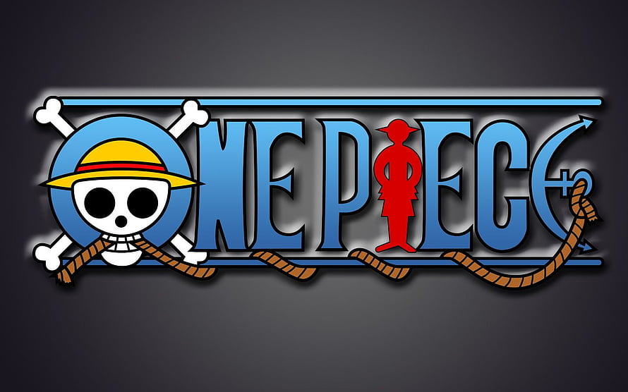 One Piece Jolly Roger Logo with Straw Hat Skull and Red Figure on Dark Background HD wallpaper