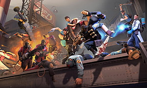 Team Fortress 2 Chaotic Battlefield Artwork Featuring Multiple Classes in Combat HD wallpaper