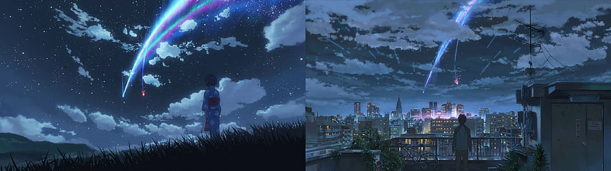 Your Name Anime Split Screen Mitsuha and Taki Watching Comet Over Night Sky HD wallpaper
