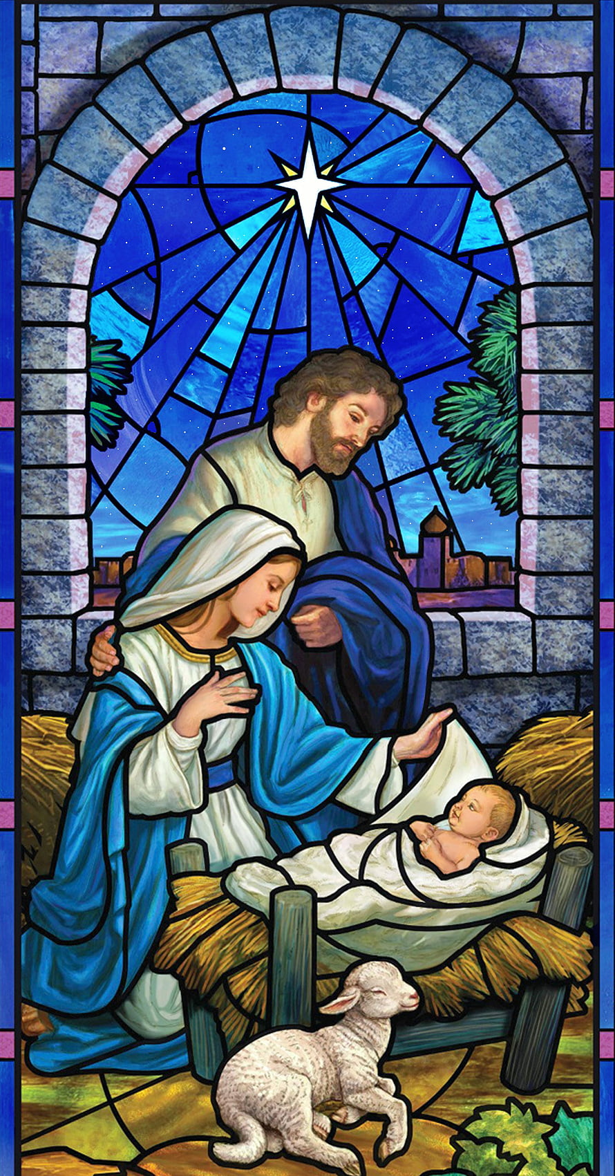 Stained Glass Nativity Scene with Mary, Joseph, and Baby Jesus Under Star HD phone wallpaper