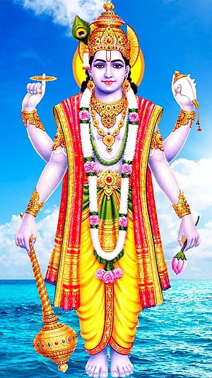Lord Vishnu Four-armed Deity Illustration with Conch, Lotus, Mace, and Discus HD phone wallpaper