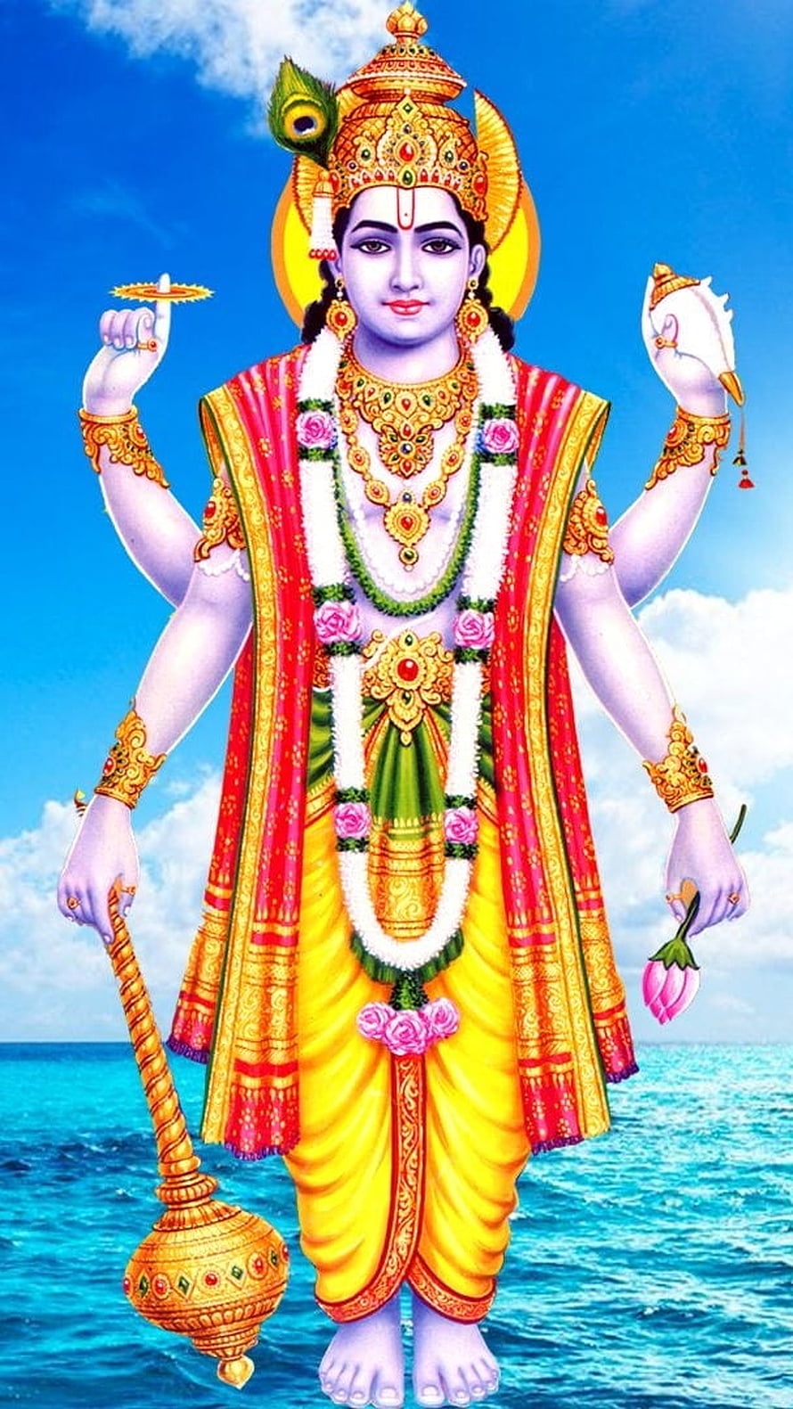 Lord Vishnu Four-armed Deity Illustration with Conch, Lotus, Mace, and Discus HD phone wallpaper