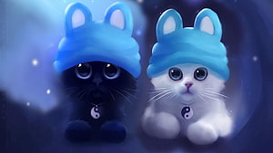 Cute Black and White Kittens Wearing Blue Hats with Yin Yang Collars HD wallpaper