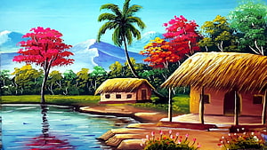 Vibrant Painting of Thatched Huts by a Lake with Colorful Trees and Mountains HD wallpaper