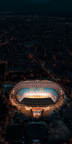 Aerial Night View of Camp Nou Stadium in Barcelona with Mes Que Un Club Mosaic HD phone wallpaper
