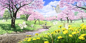 Anime Spring Landscape With Cherry Blossoms, Butterflies, and Girls Crossing a Wooden Bridge HD wallpaper