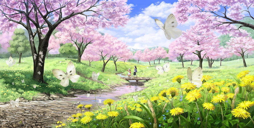 Anime Spring Landscape With Cherry Blossoms, Butterflies, and Girls Crossing a Wooden Bridge HD wallpaper