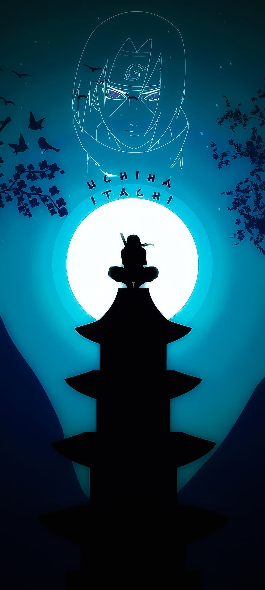 Itachi Uchiha Silhouette Sitting on Pagoda Roof Under Full Moon HD phone wallpaper