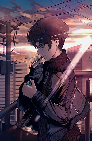 Anime Boy Smoking on a Rooftop at Sunset with City Skyline HD phone wallpaper