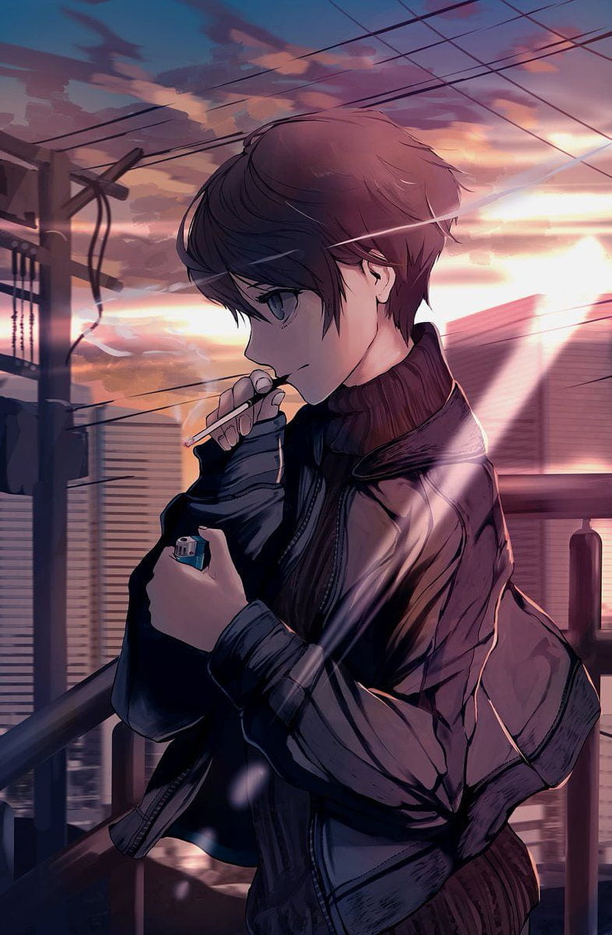 Anime Boy Smoking on a Rooftop at Sunset with City Skyline HD phone wallpaper