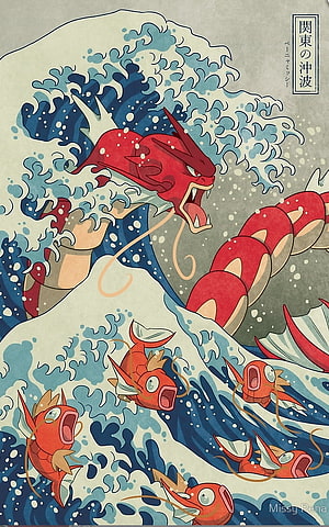 Magikarp and Gyarados in The Great Wave off Kanagawa Style HD phone wallpaper