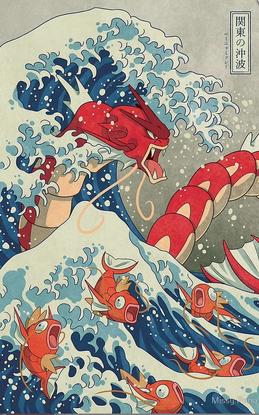 Magikarp and Gyarados in The Great Wave off Kanagawa Style HD phone wallpaper