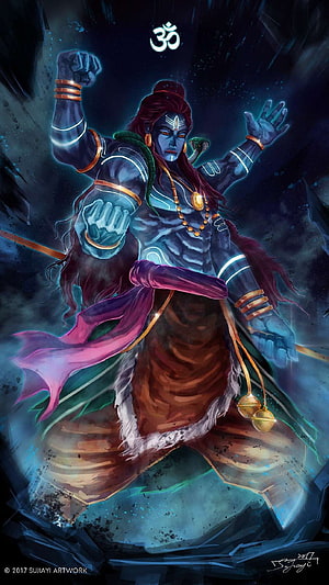 Blue-skinned Hindu deity Shiva in dynamic pose with glowing om symbol, snake, and trident HD phone wallpaper