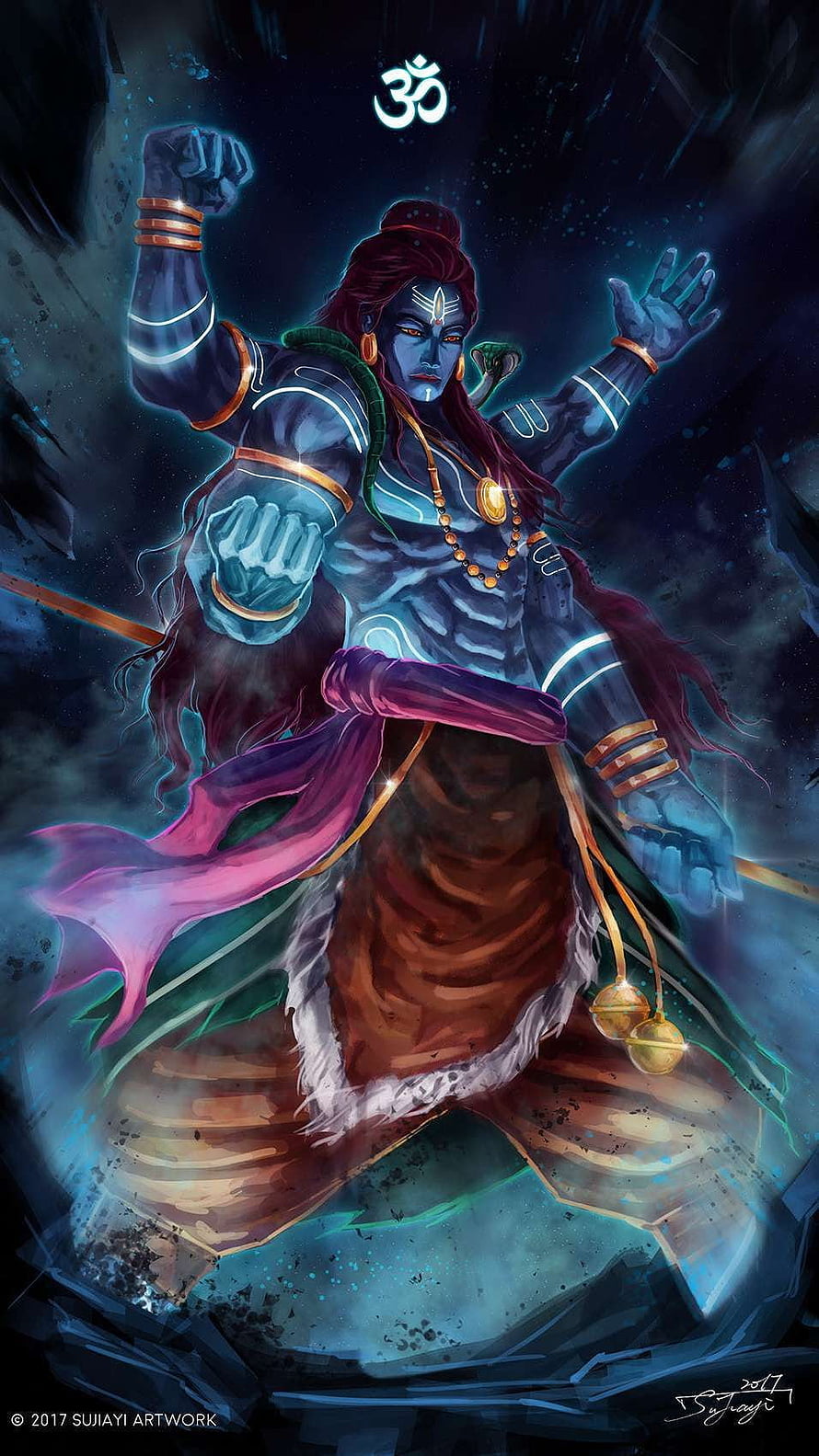 Blue-skinned Hindu deity Shiva in dynamic pose with glowing om symbol, snake, and trident HD phone wallpaper