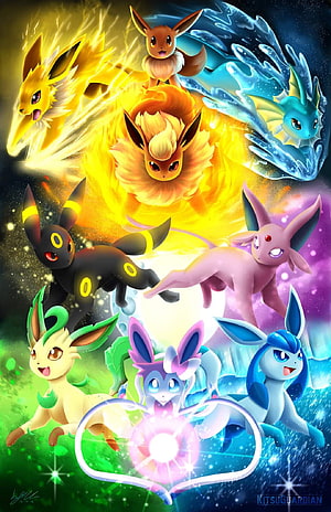 Eevee and All Evolutions Wallpaper - Pokemon Fire Water Grass Psychic Dark Fairy Ice HD phone wallpaper