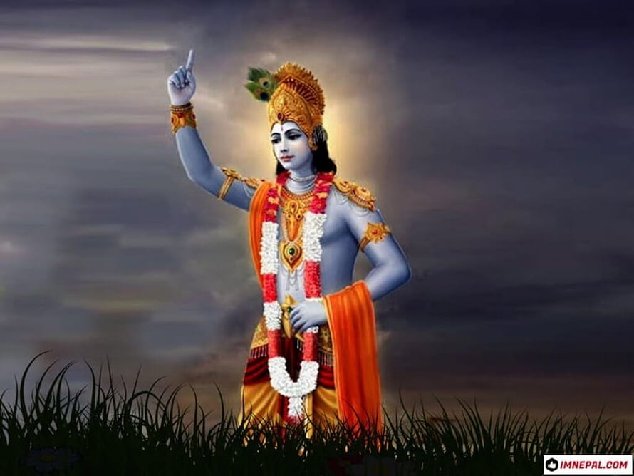 Lord Krishna Digital Art with Peacock Crown and Sacred Garland Against Dramatic Sky HD wallpaper
