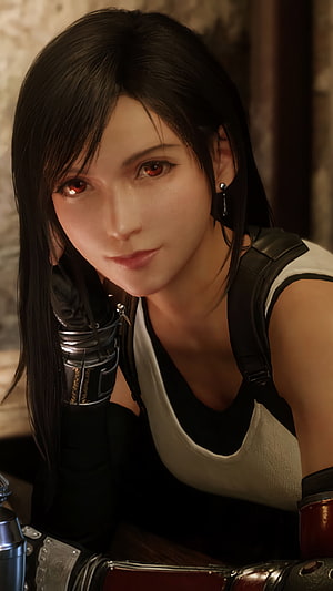 Tifa Lockhart from Final Fantasy 7 Remake in a Close-Up Portrait with Black Hair and Tactical Gear HD phone wallpaper