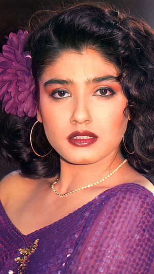 Raveena Tandon Vintage Bollywood Portrait With Purple Floral Hair Accessory HD phone wallpaper