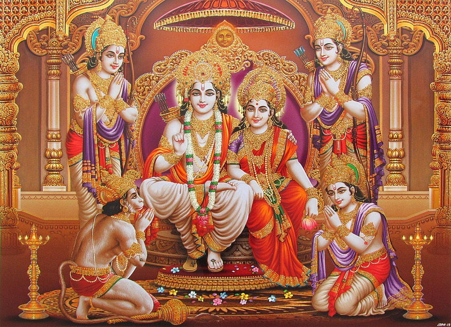 Ram Darbar: Lord Rama and Sita Seated on Throne with Hanuman and Attendants in Traditional Indian Painting, Ram, Ram Darbar HD wallpaper