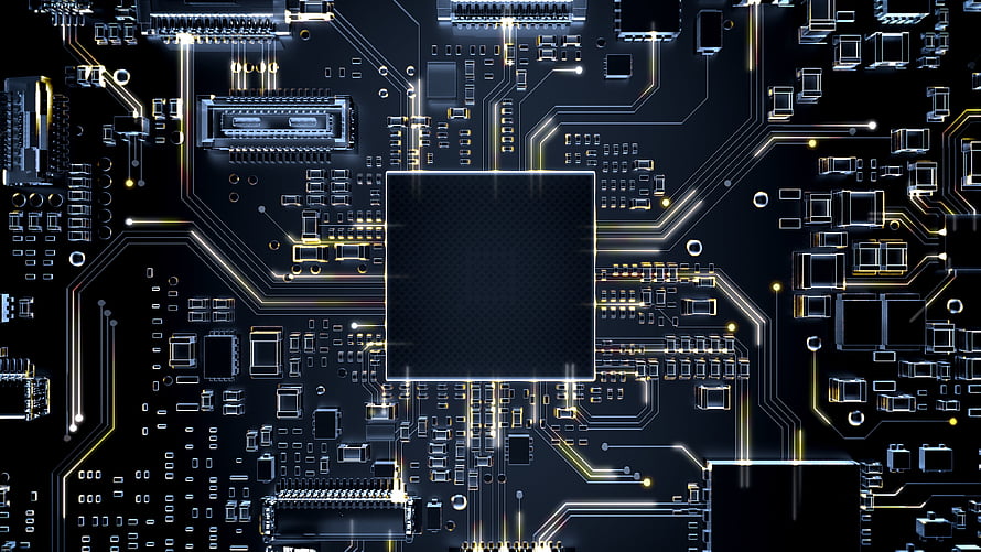 Glowing Printed Circuit Board with Central Processor and Traces HD wallpaper
