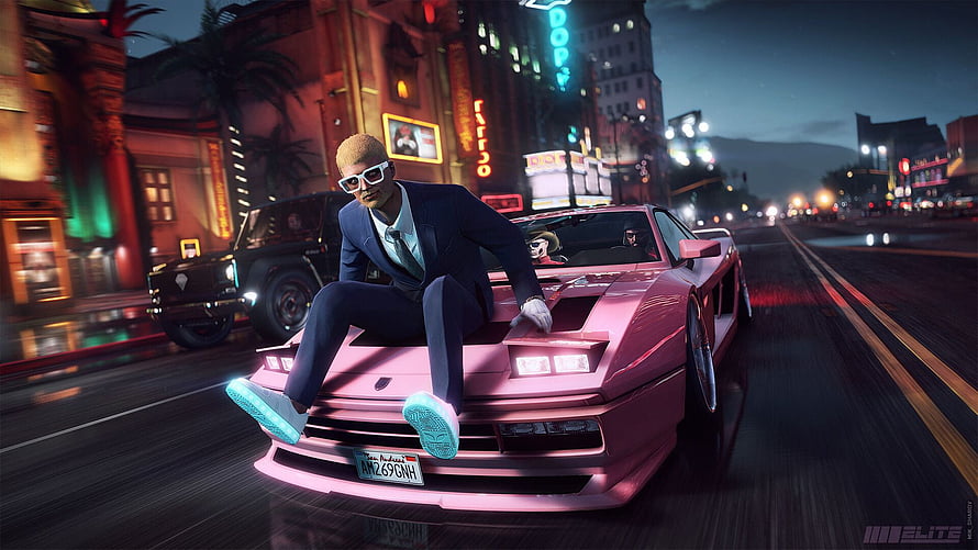 Cyberpunk 2077 Johnny Silverhand Sitting on Pink Lamborghini Countach in Night City HD wallpaper