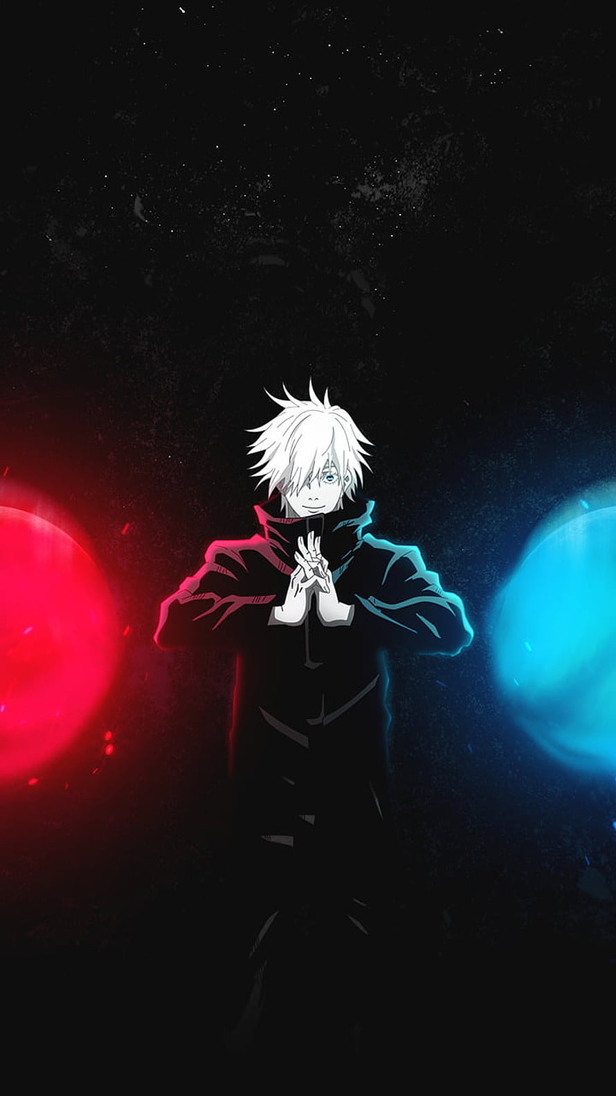 Gojo Satoru from Jujutsu Kaisen performing hand signs with red and blue energy orbs HD phone wallpaper