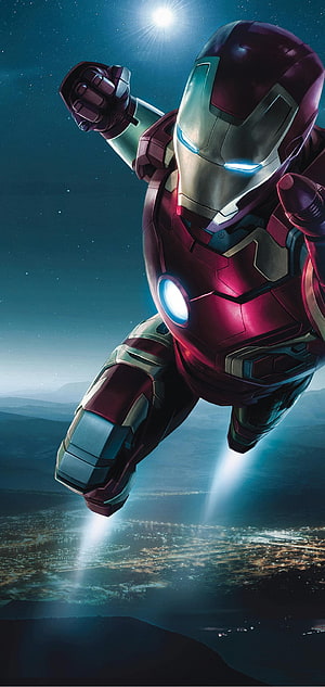 Iron Man Flying Over City at Night, Iron Man S10 Plus, Punch Hole Center HD phone wallpaper
