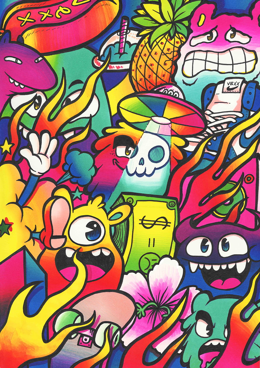 Vibrant Doodle Art Illustration Featuring Colorful Cartoon Monsters and Abstract Shapes HD phone wallpaper