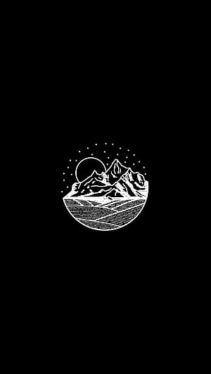 Minimalist White Line Art Mountain Landscape with Moon and Stars on Black Background HD phone wallpaper