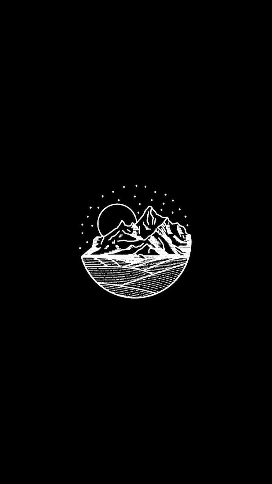 Minimalist White Line Art Mountain Landscape with Moon and Stars on Black Background HD phone wallpaper