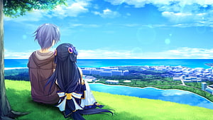 Anime Couple Sitting on Grass Hill Overlooking Coastal City and Ocean HD wallpaper