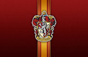 Gryffindor House Crest Emblem on Deep Red Background with Gold Stripe HD wallpaper