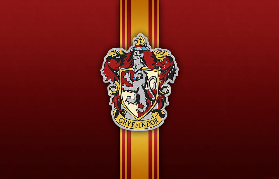 Gryffindor House Crest Emblem on Deep Red Background with Gold Stripe HD wallpaper