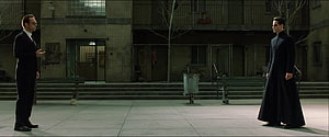 The Matrix Movie Scene with Neo and Agent Smith in the Courtyard HD wallpaper