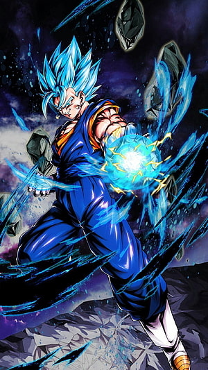 Vegeta Super Saiyan Blue charging a powerful energy blast in a dynamic anime battle scene HD phone wallpaper