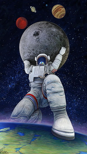 Astronaut Holding Giant Moon Above Earth in Deep Space with Planets HD phone wallpaper
