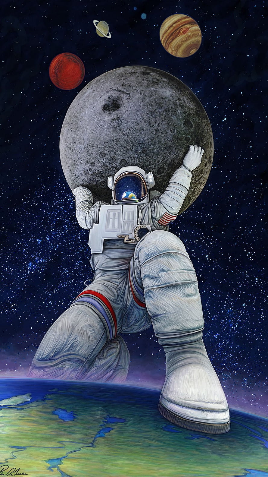 Astronaut Holding Giant Moon Above Earth in Deep Space with Planets HD phone wallpaper