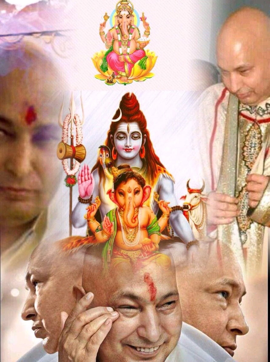 Guruji Spiritual Portrait with Lord Shiva, Goddess Parvati, and Ganesha Divine Illustration HD phone wallpaper