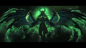 Illidan Stormrage from World of Warcraft with glowing green demonic wings and curved blades HD wallpaper