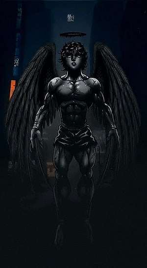Baki Hanma Dark Angel Illustration with Black Wings and Halo HD phone wallpaper