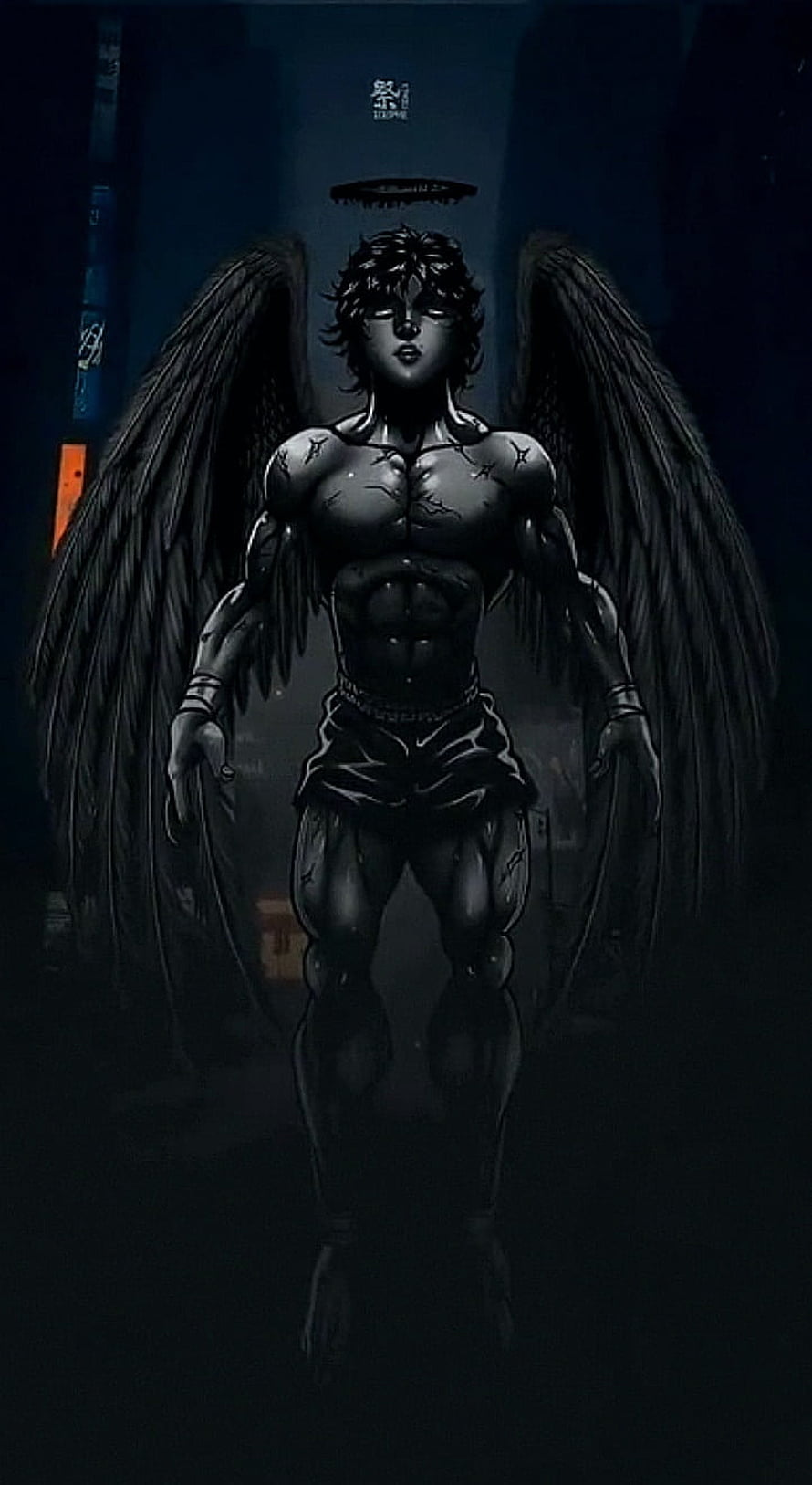 Baki Hanma Dark Angel Illustration with Black Wings and Halo HD phone wallpaper