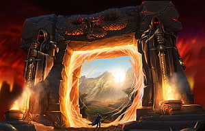 Warcraft Portal to Azeroth with Guardian Statues and Dragon Carving HD wallpaper