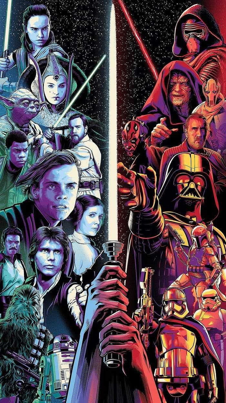 Star Wars Light Side vs Dark Side Comic Art Featuring Luke Skywalker, Darth Vader, Rey, Kylo Ren, Yoda, and Emperor Palpatine HD phone wallpaper