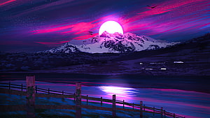 Vibrant Anime Style Sunset Over Snowy Mountain Lake With Wooden Fence HD wallpaper